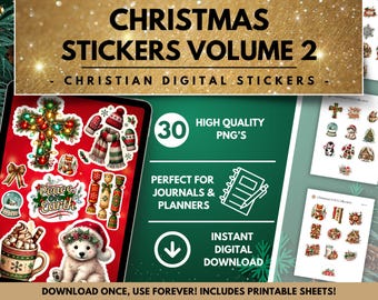 Könnte beinhalten: Ein digitaler Download von 30 hochwertigen Weihnachtsaufklebern mit einer Vielzahl von festlichen Designs, darunter ein Kreuz mit Lichtern, eine Schneekugel, ein Eisbär und eine Tasse heißer Schokolade. Die Aufkleber sind perfekt, um Tagebüchern, Planern und anderen kreativen Projekten einen Hauch von Weihnachtsfreude zu verleihen. Der Text "CHRISTMAS STICKERS VOLUME 2" und "CHRISTIAN DIGITAL STICKERS" wird oben im Bild angezeigt.