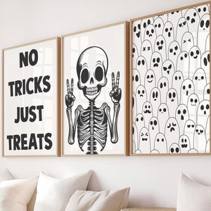 Set of 3 Halloween Prints, Skeleton, Ghosts, Trick-or-Treat, Spooky Printable Wall Art