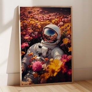 Astronaut in Flower Field Poster: Cosmic Surrealism Art (Digital Download)
