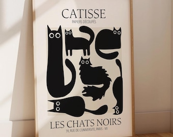 Catisse Matisse にインスパイアされたアートプリント - 黒猫の切り抜きイラスト - ミニマリストウォールアート