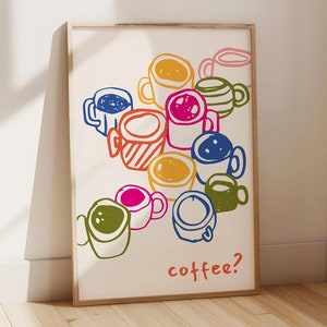 Arte mural con tazas de café coloridas, impresión artística de café moderno, decoración de cocina, póster de café, arte mural estético