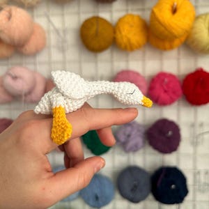 May include: A white crocheted goose with yellow feet, sitting on a finger. The goose is crocheted in a realistic style, with a long neck and a small beak.