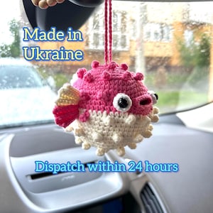 Handmade Crochet Pufferfish | Cute  Fish Car Mirror Charm | Amigurumi Plush Keychain | Sea Lover Gift Idea | Rearview Mirror Hanger Decor