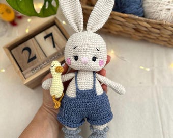 Crochet Bunny in Overalls with Duck: Handmade Amigurumi Plush Toy