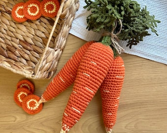Set of three orange carrots. Handmade knitting carrot. Montessori toy. Amigurumi autumn vegetable. Pretend play food toy. Nursery decor.