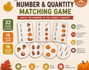 Jogo de Correspondência de Números e Quantidades com Tema de Outono | Atividade de Contagem para Educação Infantil (Download Digital)