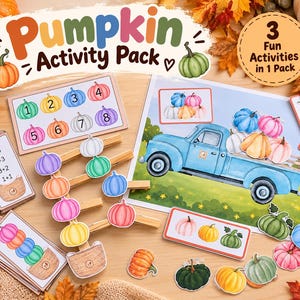 Puede incluir: Un paquete de actividades de calabazas que incluye una ilustración de un camión azul, tarjetas numéricas con calabazas coloridas, tarjetas de ecuaciones matemáticas y pinzas de madera con recortes de calabazas para aprender.