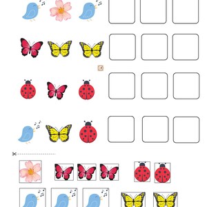 May include: A worksheet with a series of images to be cut out and glued in the correct sequence. The images include a blue bird, a pink flower, a yellow butterfly, and a red ladybug. The worksheet is titled "What comes next? Cut the pictures and glue them on the correct place."