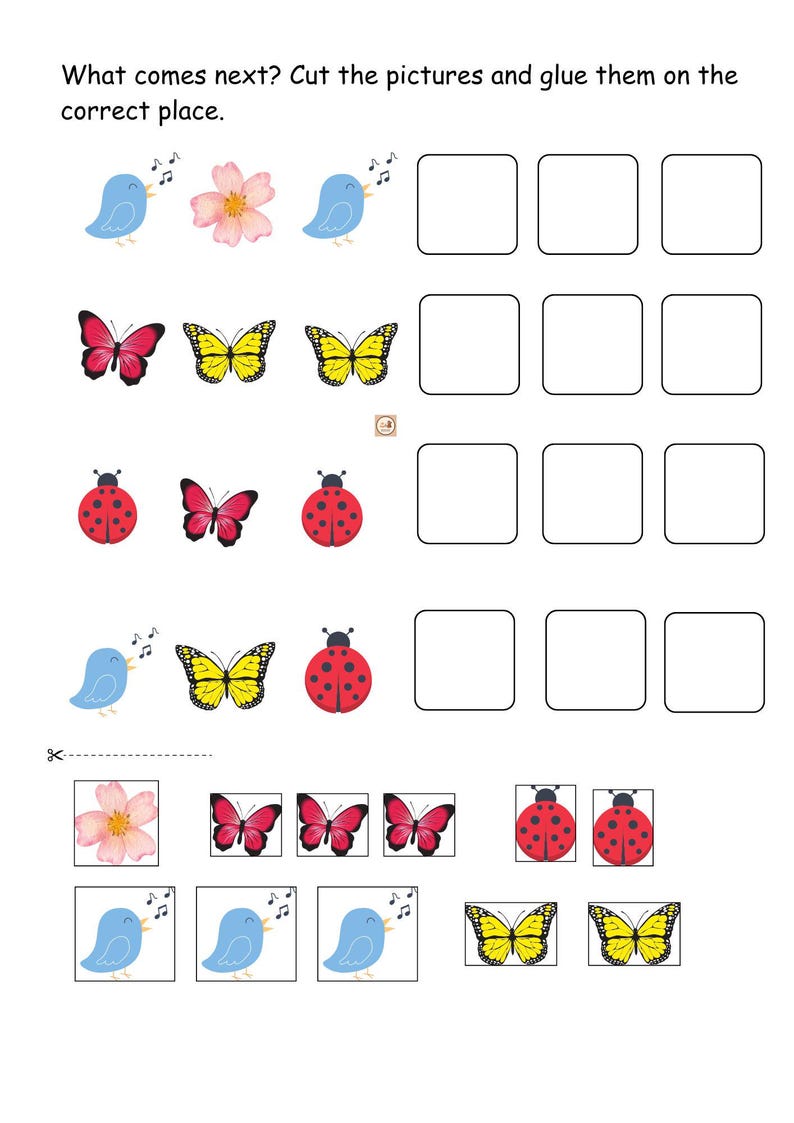 May include: A worksheet with a series of images to be cut out and glued in the correct sequence. The images include a blue bird, a pink flower, a yellow butterfly, and a red ladybug. The worksheet is titled "What comes next? Cut the pictures and glue them on the correct place."
