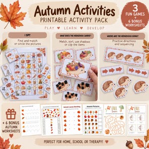 Op de afbeelding: Een printbaar herfst-activiteitenpakket met drie spellen en zes bonuswerkbladen. De set bevat zoekplaten, egeltjes-matchkaarten en sorteeroefeningen met herfstthema-illustraties van bladeren, pompoenen en egels.