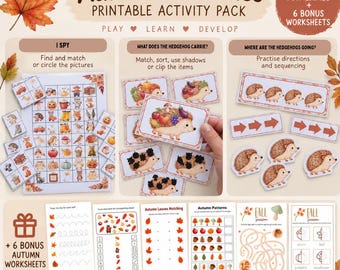 May include: An Autumn Activities printable activity pack featuring three games and six bonus worksheets. The set includes I Spy, hedgehog matching, and sequencing cards with autumn-themed illustrations of leaves, pumpkins, and hedgehogs.