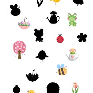 May include: A worksheet with a matching game for kids.  The game features colorful images of spring-themed objects, such as flowers, birds, and insects, and their corresponding shadows.