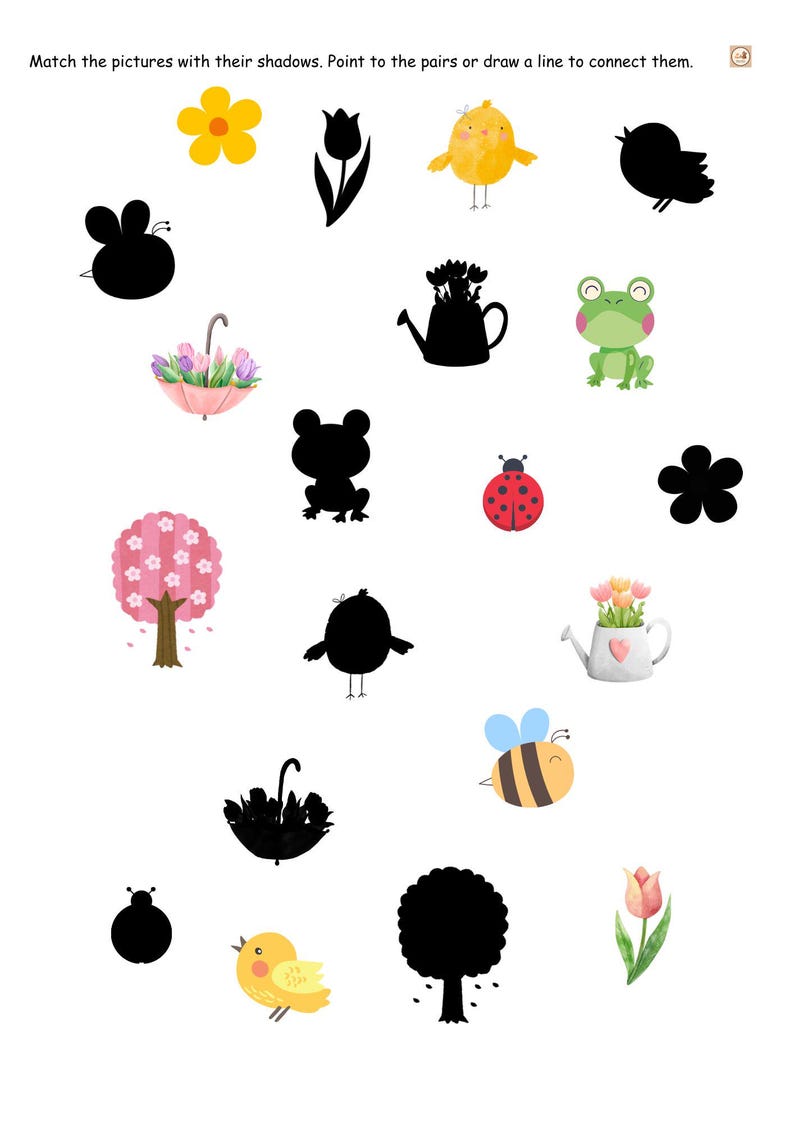 May include: A worksheet with a matching game for kids.  The game features colorful images of spring-themed objects, such as flowers, birds, and insects, and their corresponding shadows.