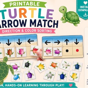 May include: A printable turtle arrow match learning activity featuring two rectangular boards with directional arrows and grid spaces. Includes multiple small square tiles with watercolor-style turtles in various colors for direction and color sorting.