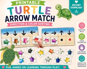 Atividade de Seguir a Direção da Tartaruga | Jogo de Percepção Visual para Imprimir | Prática de Esquerda, Direita, Cima e Baixo | Aprendizado Pré-escolar em Casa