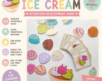 May include: A colorful educational game titled "Build Your Ice Cream." The image features illustrated ice cream scoops, a bowl, and cards. Text includes "Attention Development Game," "Printable PDF Activity," and "Instant Download."