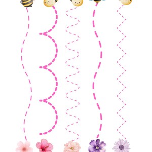 May include: A worksheet with five bees and five flowers. The bees are flying towards the flowers. The user is asked to help the bees find the flowers by tracing the lines.