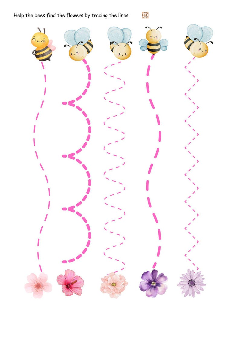 May include: A worksheet with five bees and five flowers. The bees are flying towards the flowers. The user is asked to help the bees find the flowers by tracing the lines.