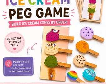Ice Cream Peg Game | Fine Motor Activity | Sequencing & Matching Game | Preschool Printable | Busy Binder Activity | Toddler Learning Game
