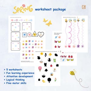 Op de afbeelding: Een set van vijf werkbladen met een lentethema voor kinderen. De werkbladen bevatten verschillende activiteiten, waaronder tellen, matchen en traceren. De werkbladen zijn ontworpen om kinderen te helpen hun fijne motoriek, aandacht en logisch denken te ontwikkelen.