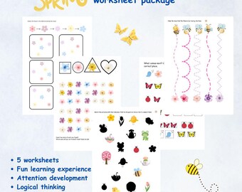 Pacote de planilhas de primavera, pensamento lógico, desenvolvimento da atenção, pré-escola, orientação espacial, preparação escolar, habilidades essenciais