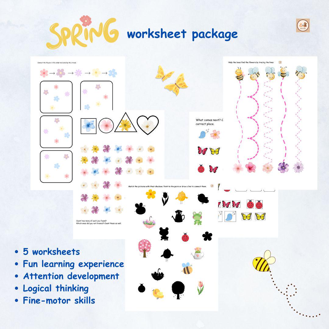 Spring worksheets package, logical thinking, attention development, pre-school, spatial orientation, school preparation, essential skills