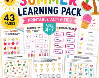 Pacote de Aprendizagem de Verão para Crianças de 4 a 7 Anos | 43 Atividades de Verão para Imprimir | Folhas de Atividades em PDF para Educação Infantil e Jardim de Infância