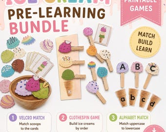 Ice Cream Pre-Learning Bundle for Preschool | Busy Book Activities | Velcro Match Game | Clothespin Fine Motor Activity | Alphabet PDF
