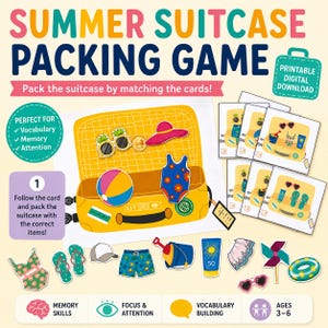 Op de afbeelding: Een zomerkoffer-inpakspel met een illustratie van een gele koffer, meerdere bijpassende kaarten en diverse uitgeknipte items zoals een zwempak, strandbal, zonnebril, slippers, zonnebrandcrème en een emmer voor educatief spel.