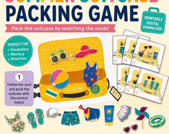 May include: A Summer Suitcase Packing Game featuring a yellow suitcase illustration, multiple matching cards, and various cut-out items like a swimsuit, beach ball, sunglasses, flip-flops, sunscreen, and a bucket, all designed for educational play.