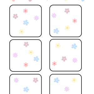 May include: A worksheet with instructions to connect the flowers in the order indicated by the arrows. The flowers are pink, purple, light purple, yellow, and blue. There are four squares with different arrangements of the flowers.