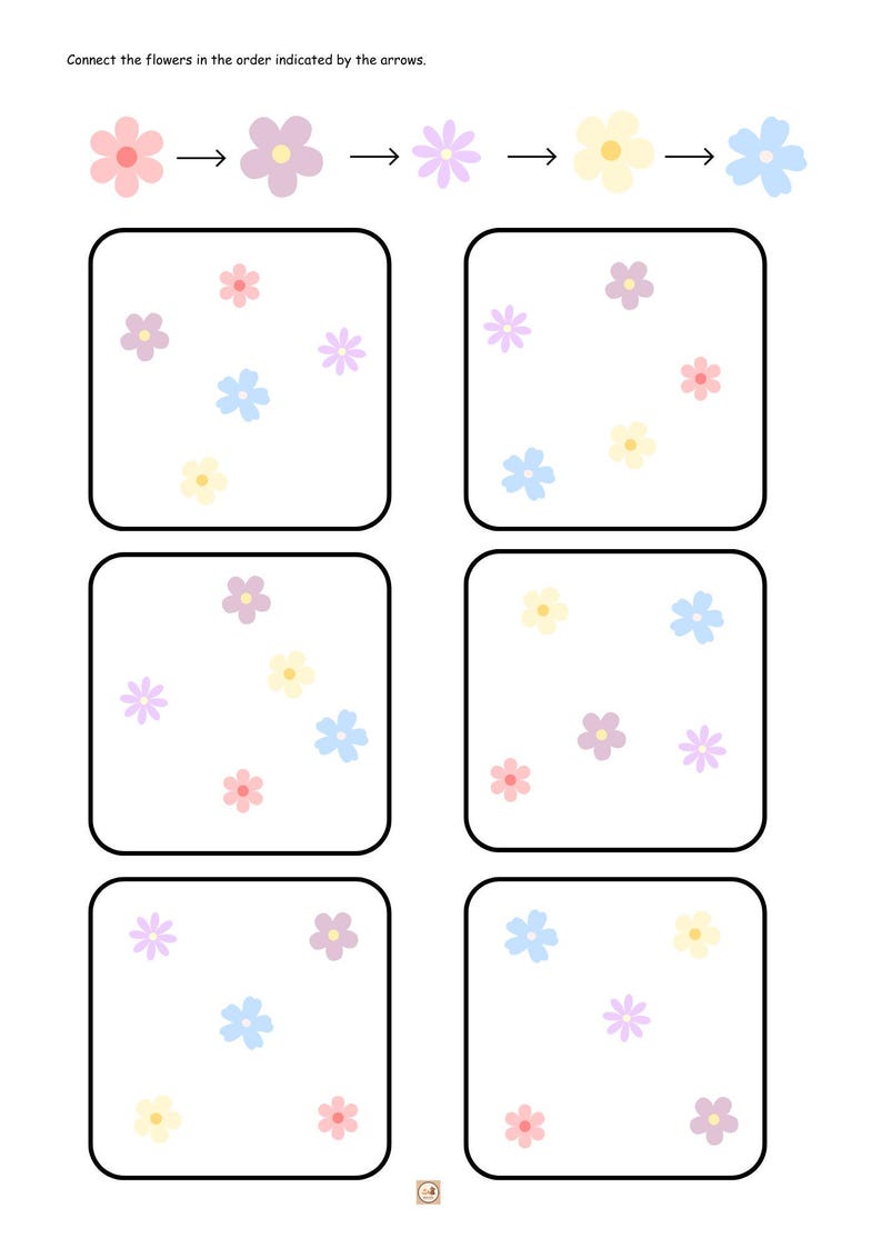 May include: A worksheet with instructions to connect the flowers in the order indicated by the arrows. The flowers are pink, purple, light purple, yellow, and blue. There are four squares with different arrangements of the flowers.