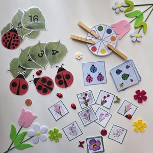 May include: A collection of educational toys featuring ladybugs, leaves with numbers, and a colorful spinner. The set includes felt flowers, cards with ladybug illustrations, and small ladybug figurines. The color palette includes red, green, pink, and white.