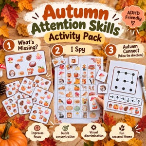 Peut inclure: Un pack d'activités Autumn Attention Skills comprenant trois sections : What's Missing avec des cartes, I Spy avec une grille d'icônes saisonnières et Autumn Connect avec un puzzle. Inclut un marqueur et une étiquette ADHD Friendly.