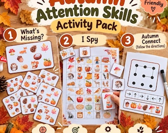 Atividades de Outono para Atenção das Crianças | Pacote de Atividades Imprimíveis para TDAH e Necessidades Educativas Especiais | Jogos de "Eu Espio", "O Que Está Faltando" e Percepção Visual