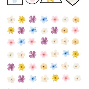 May include: A printable worksheet with a square, circle, triangle, and heart shape. Each shape contains a different flower. Below the shapes are 36 flowers in a grid. The flowers are blue, pink, yellow, and purple. The text below the grid reads: "Count how many of each you found? Which ones did you not frame? Count those as well."