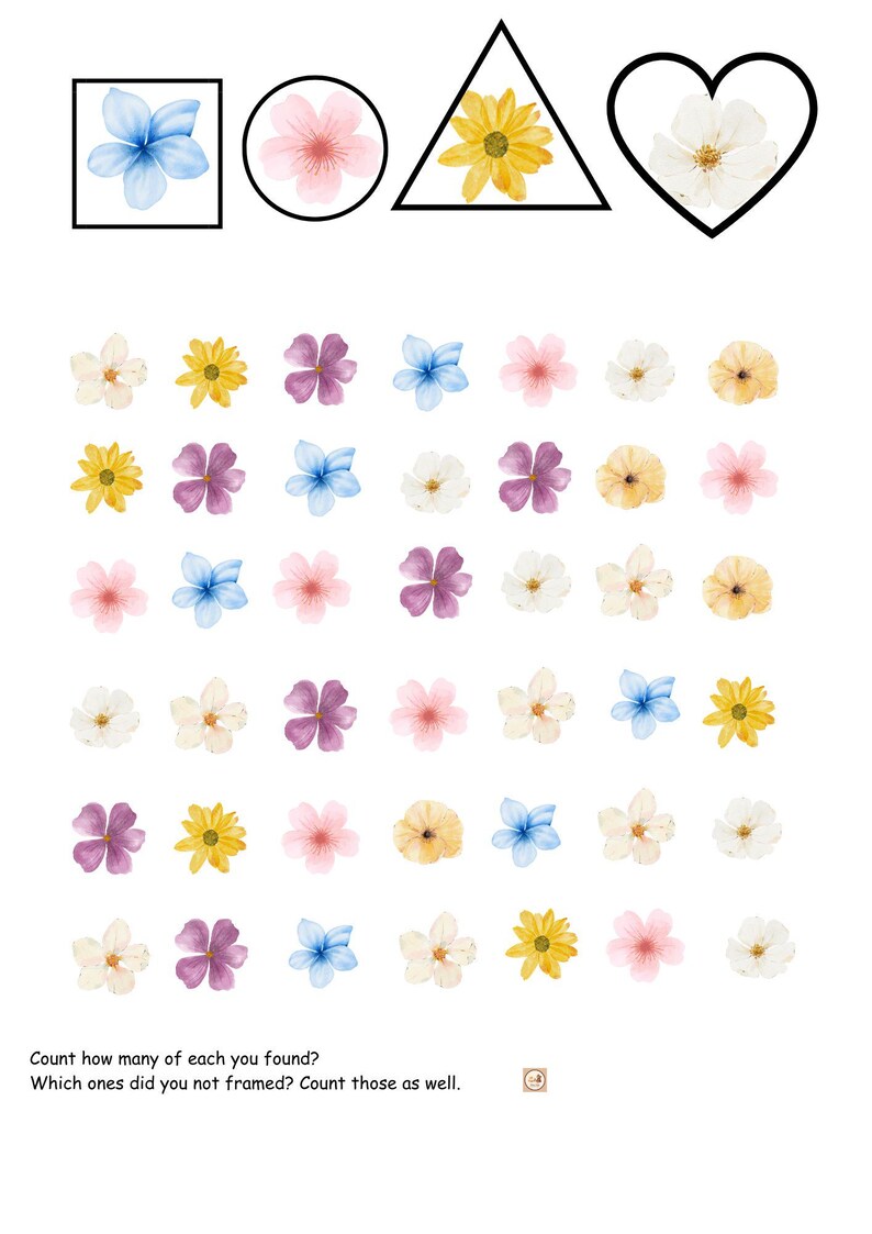 May include: A printable worksheet with a square, circle, triangle, and heart shape. Each shape contains a different flower. Below the shapes are 36 flowers in a grid. The flowers are blue, pink, yellow, and purple. The text below the grid reads: "Count how many of each you found? Which ones did you not frame? Count those as well."