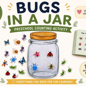 Op de afbeelding: Een educatief spel genaamd "Bugs in a Jar" voor kleuters. De afbeelding toont een glazen pot met een houten deksel, omringd door verschillende insectenillustraties. Er zijn ook telkaarten en de tekst "3+ jaar". De tekst luidt "Alles wat je nodig hebt voor leuk leren!"