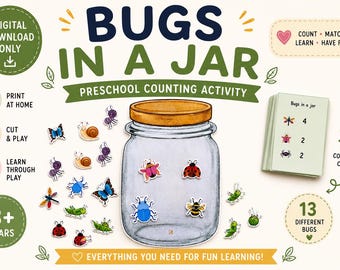 May include: A preschool counting activity titled "Bugs in a Jar." The image features a clear jar with a wooden lid, surrounded by colorful bug cutouts. A stack of counting cards and the text "3+ years" are also visible. The text reads "Everything you need for fun learning!"