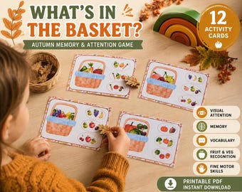 O que tem na cesta? Jogo da memória de outono para imprimir | Atividade de atenção visual | Atividade para pré-escola com foco em frutas e vegetais