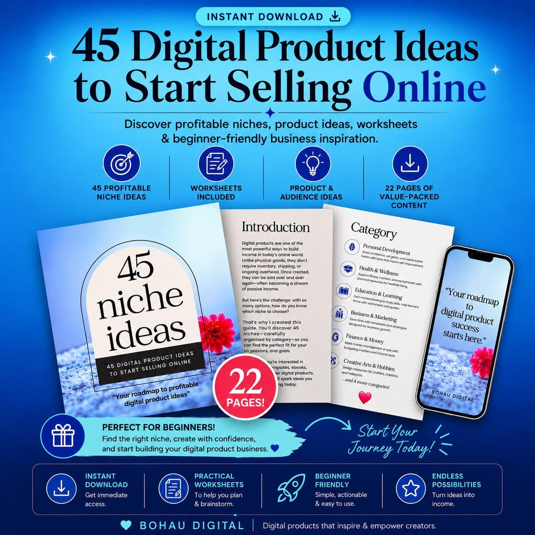 45 Digital Product Ideas Guide | Beginner Side Hustle, Passive Income ...