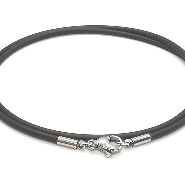 2mm Black Silicone Rubber Necklace Or Double Wrap Bracelet With Stainless Steel Fittings 16" 18" 20" 22" 24" 26" 28" 30" etc