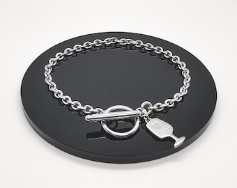 Bracelet en acier inoxydable de 4 mm ou chaîne de cheville avec fermoir à bascule et breloque en verre à vin. Choisissez Longueur. Grand cadeau pour les dames.