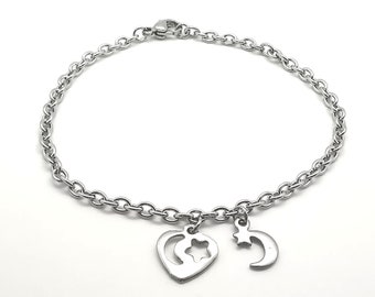 Chaîne de câbles en acier inoxydable de 3 mm avec charmes heart, moon &star ~ choisissez la longueur pour un bracelet de charme ou une chaîne de cheville anklet