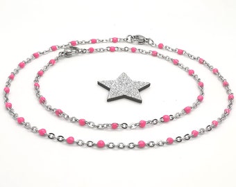 Ladies FINE 2mm Stainless Steel Chain With Pink Beads ~ Choose Length For Either A Bracelet or Anklet Ankle Chain ~ Lovely Gift!