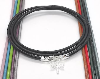 2mm Genuine Real Leather Triple Wrap Bracelet With Sterling Silver Lobster Clasp Dragonfly Charm ~ Choose Length & Colour Handmade to Order