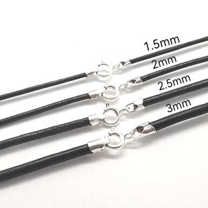 Echt zwart leren koordketting voor hanger of kralen ~ 925 sterlingzilver beslag en veerringsluiting. Kies lengte en breedte.
