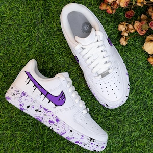 Hand Painted Purple Splash Sneakers Custom Black Drips Air Force 1 Purple And Black AF1 Sneakers Hand Painted Custom Shoes Birthday Gifts