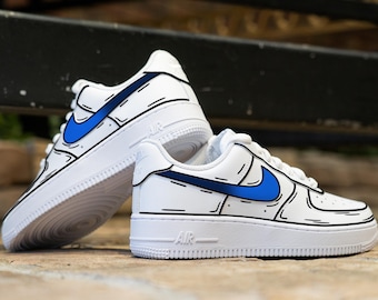 Custom Blue Black Gradient Air Force 1 Hand Painted Black Cartoon Line Sneakers Blue Gradient AF1 Personalised Shoes Gifts Wedding Sneakers