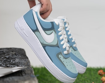 Custom Blue Grey Air Force 1 Hand Painted Blue Block Shoes Green AF1 Sneakers Hand Painted Custom Shoes Wedding Birthday Shoes Gifts
